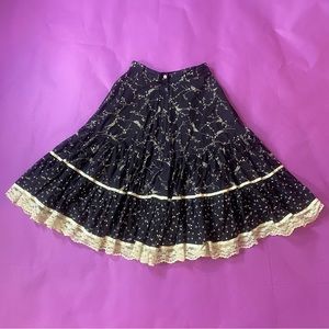 Gunne Sax Jessica Gunnies vintage 70s black floral lace trim prairie skirt sz 11